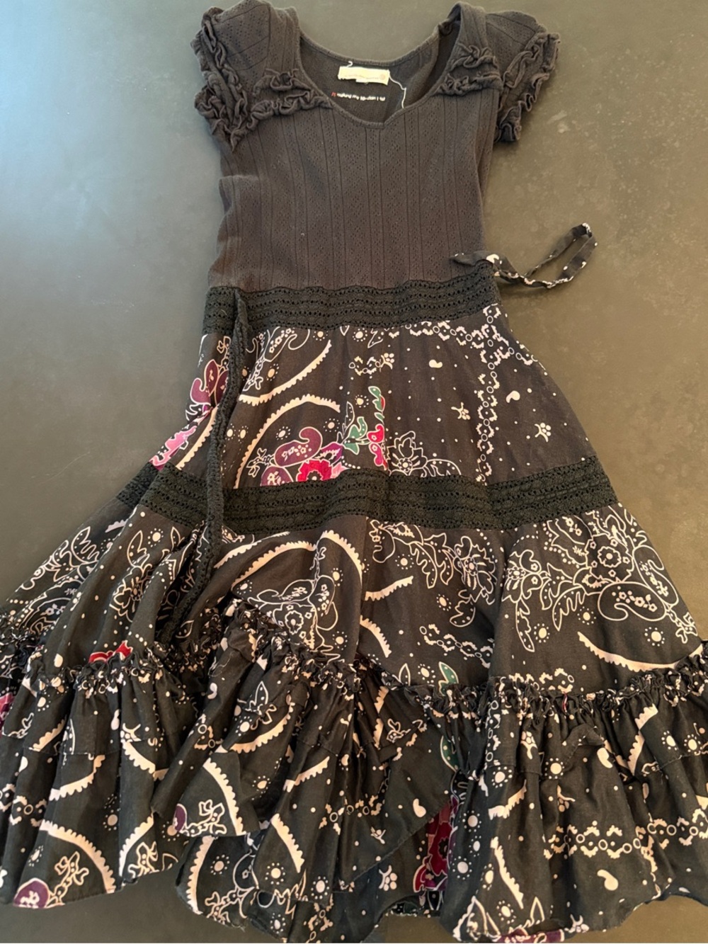 Vintage Odd Molly Black Floral Tiered Dress with Side Ties